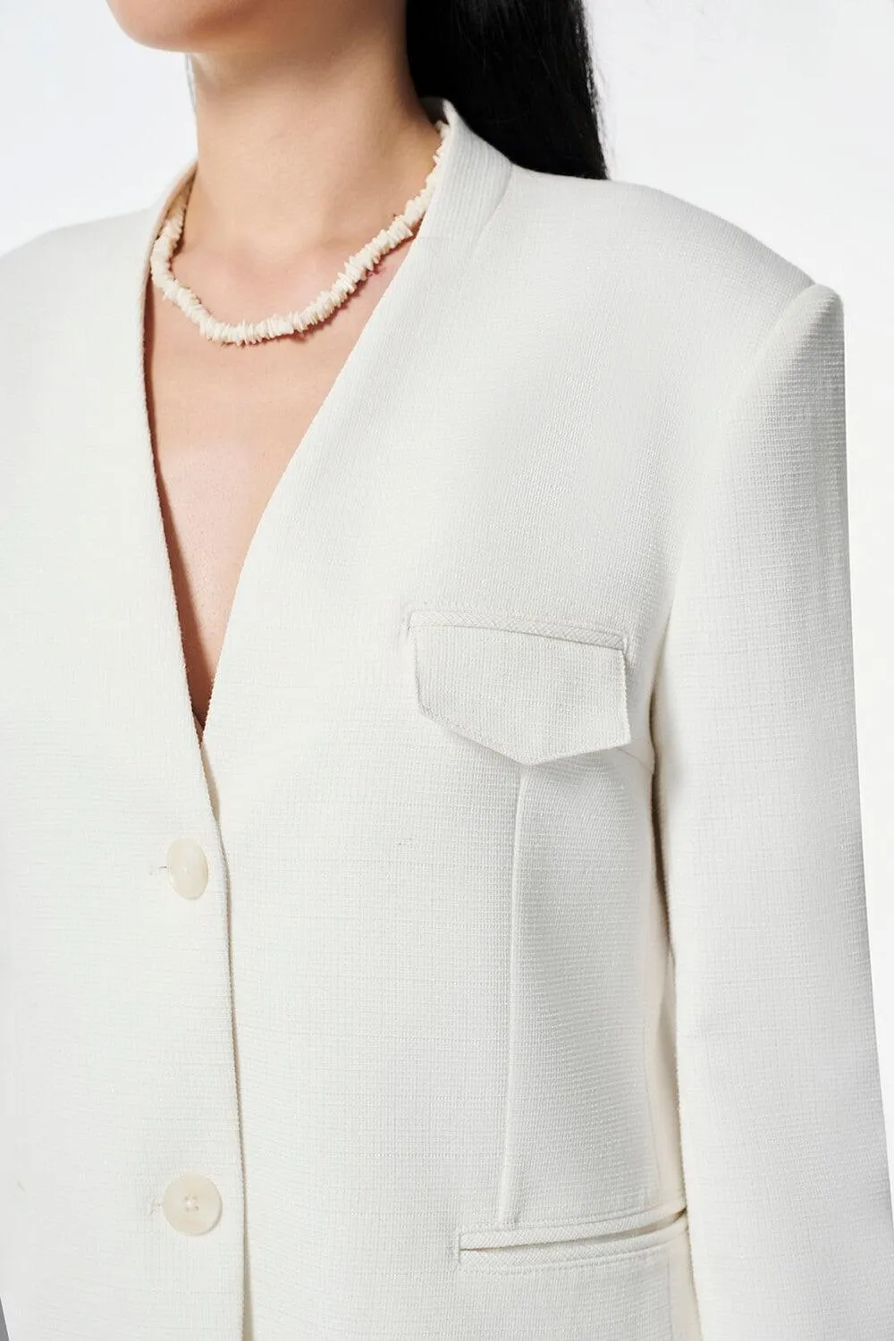 Strawy Straight Collarless Wool Cotton Blazer