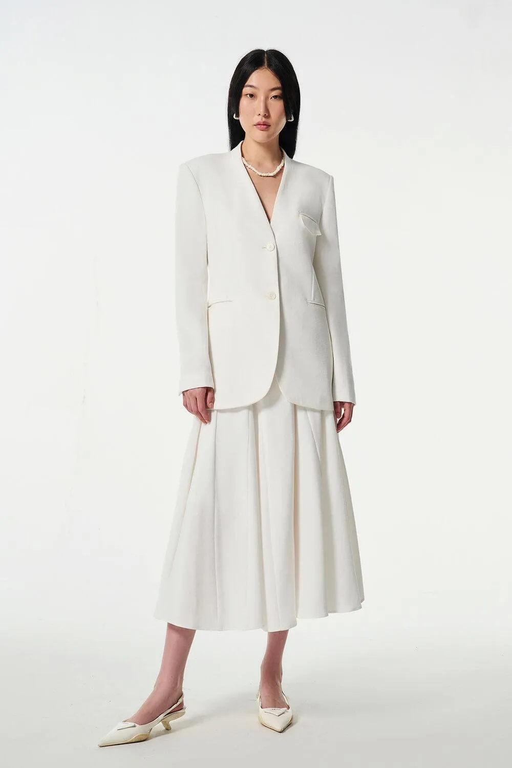 Strawy Straight Collarless Wool Cotton Blazer