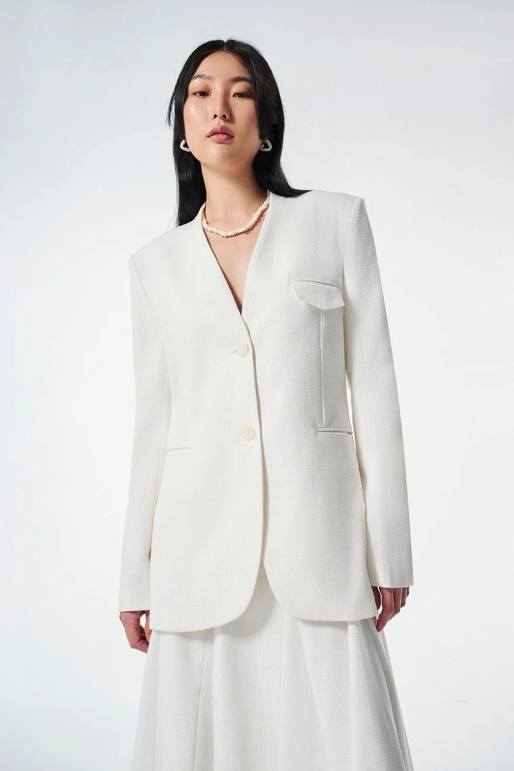 Strawy Straight Collarless Wool Cotton Blazer