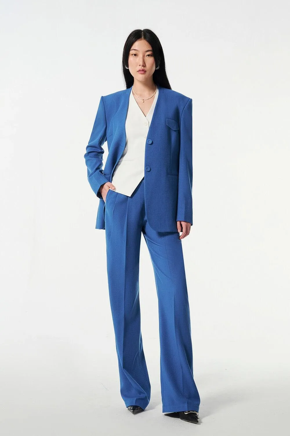 Strawy Straight Collarless Wool Cotton Blazer