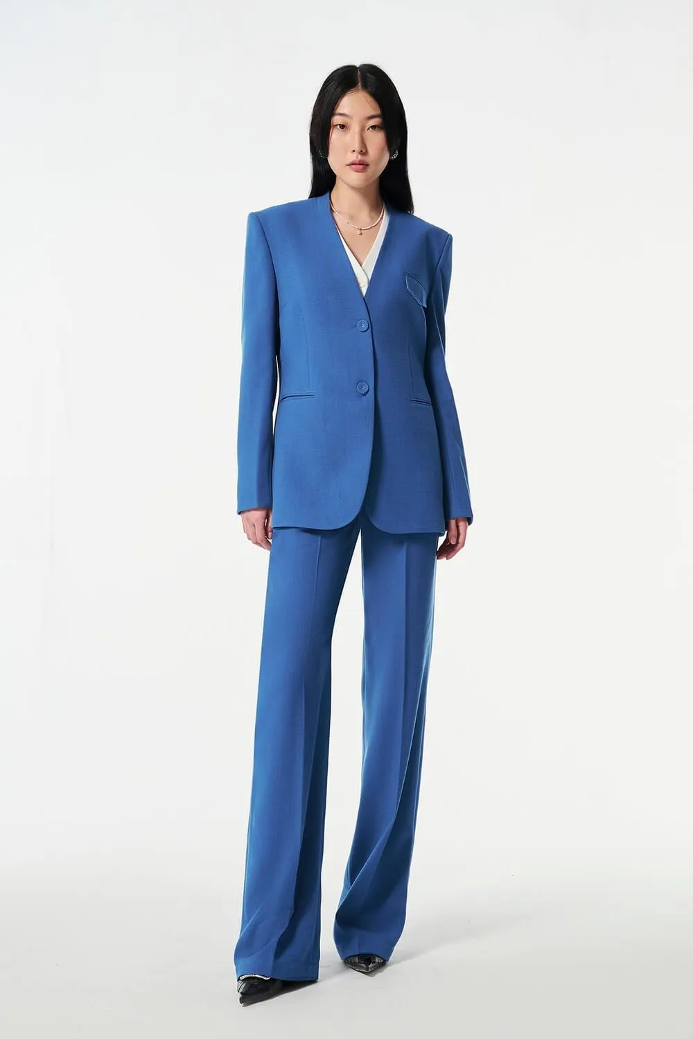 Strawy Straight Collarless Wool Cotton Blazer