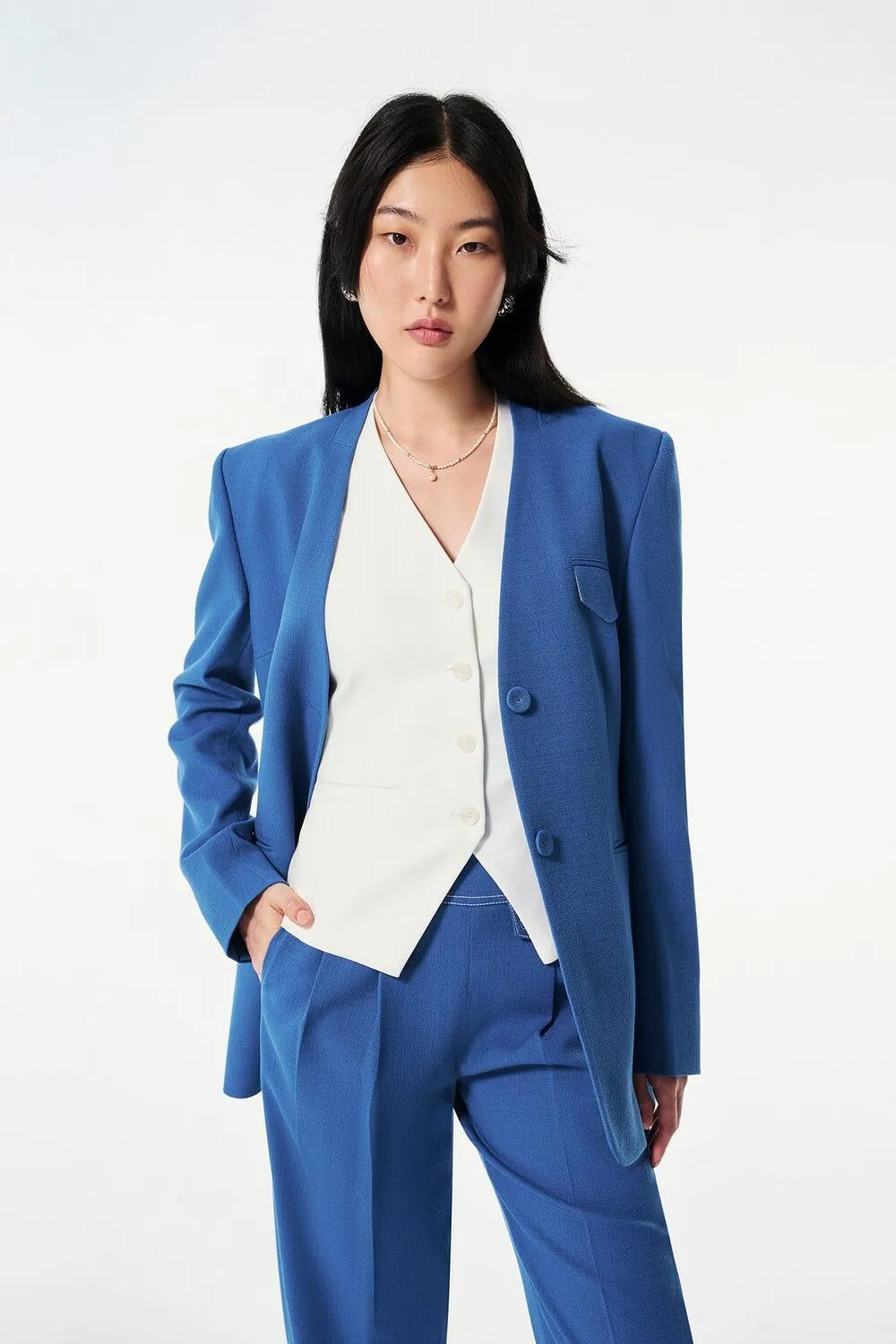 Strawy Straight Collarless Wool Cotton Blazer