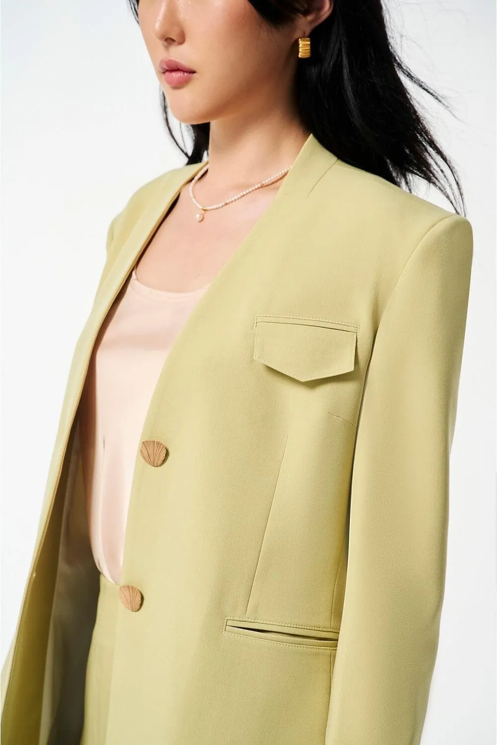 Strawy Straight Collarless Wool Cotton Blazer