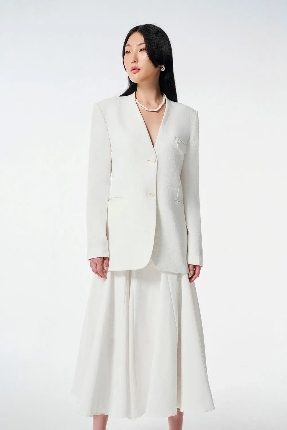 Strawy Straight Collarless Wool Cotton Blazer