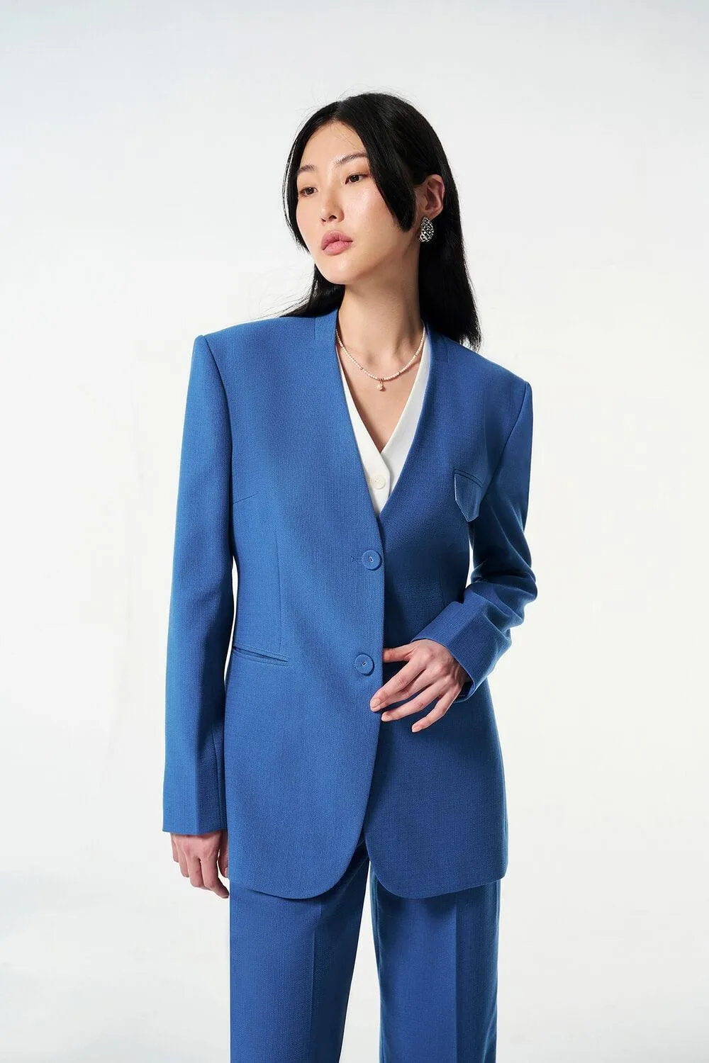 Strawy Straight Collarless Wool Cotton Blazer