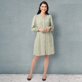 Stylish Green Knee Length Women’s Dress with Geometric Prints
