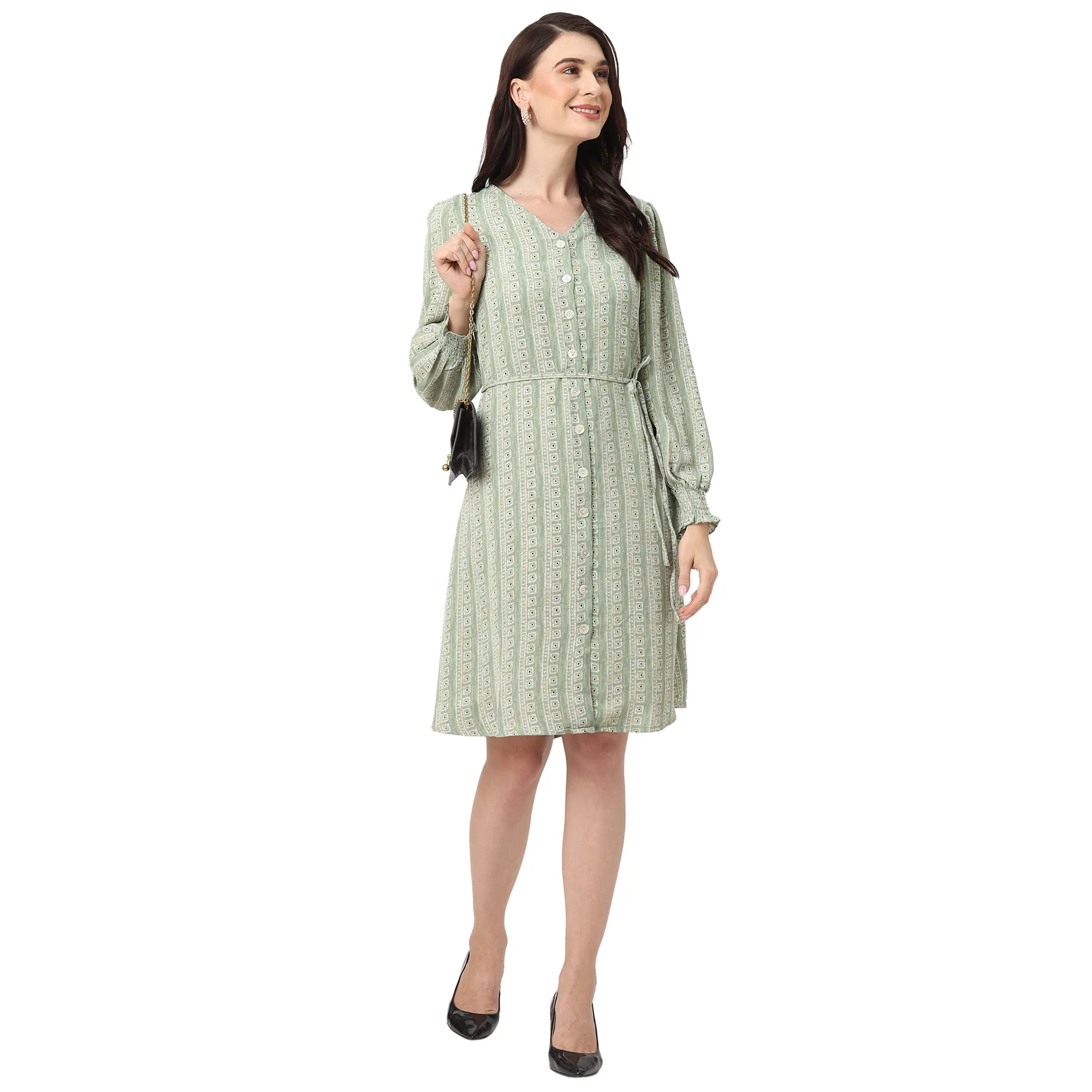 Stylish Green Knee Length Women’s Dress with Geometric Prints