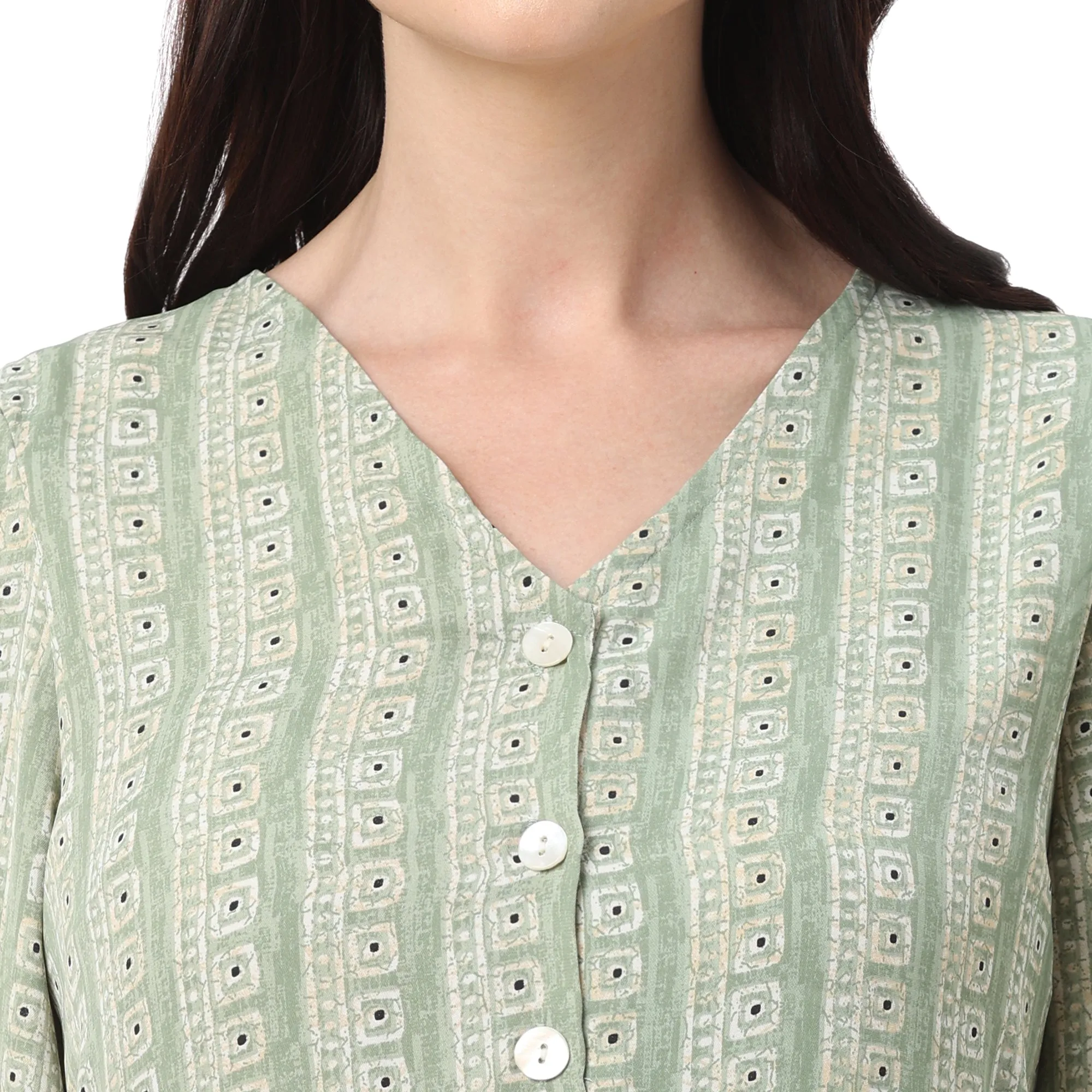 Stylish Green Knee Length Women’s Dress with Geometric Prints