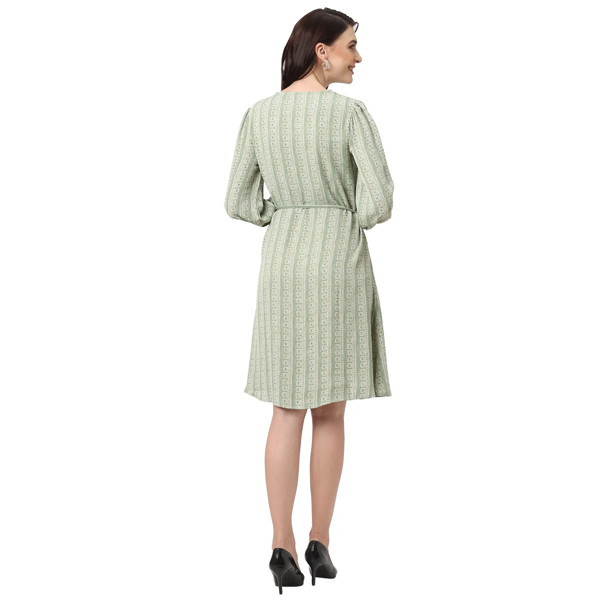 Stylish Green Knee Length Women’s Dress with Geometric Prints