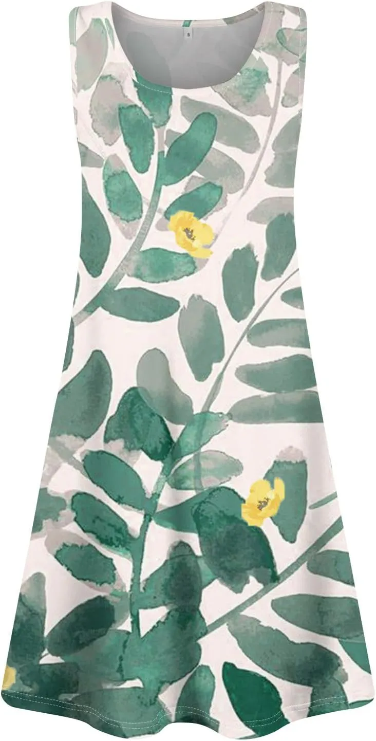 Summer Dresses for Women 2025 Trendy Loose U Neck Sleeveless Sundresses Casual A Line Dress with Pockets