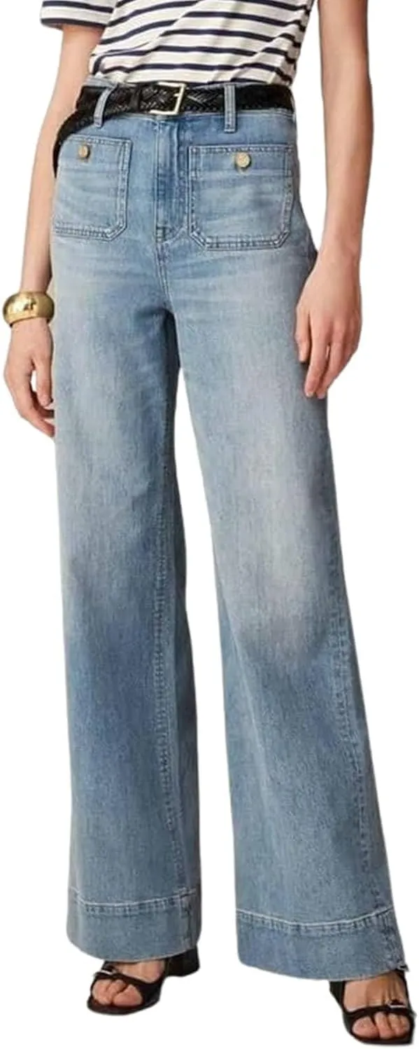 Tummy Control Sailor Wide Leg Trouser,Women's High Waisted Stretch Straight Leg Jeans,Casual Loose Button Denim Pants