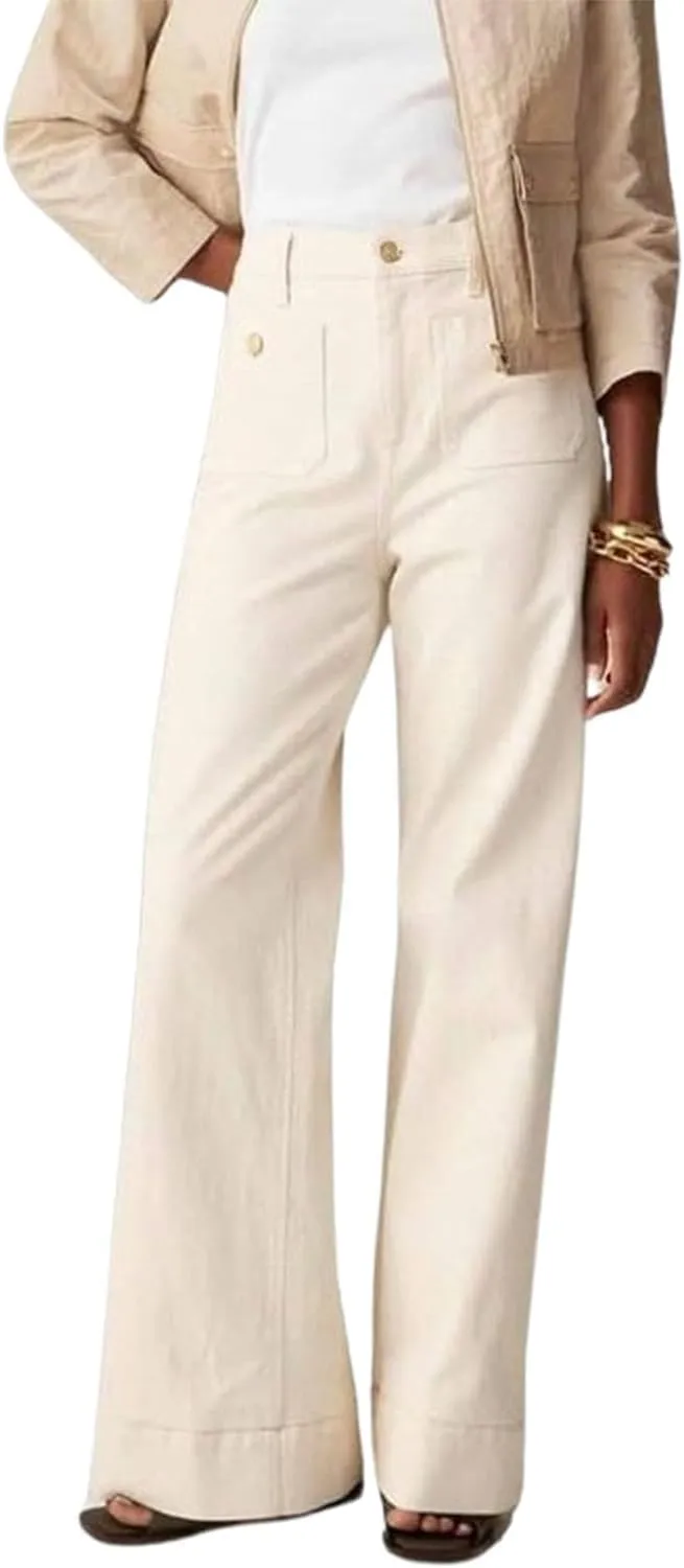Tummy Control Sailor Wide Leg Trouser,Women's High Waisted Stretch Straight Leg Jeans,Casual Loose Button Denim Pants