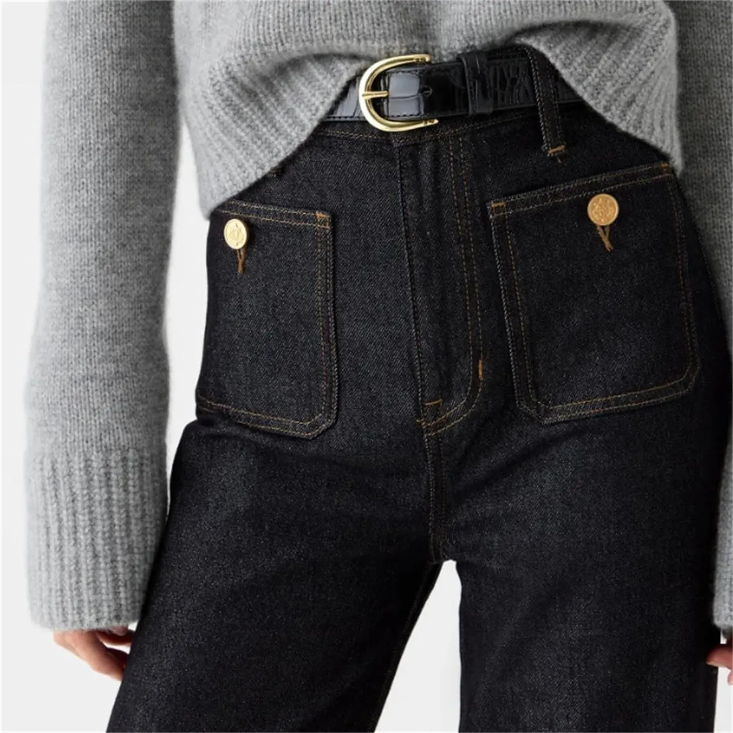 Tummy Control Sailor Wide Leg Trouser,Women's High Waisted Stretch Straight Leg Jeans,Casual Loose Button Denim Pants