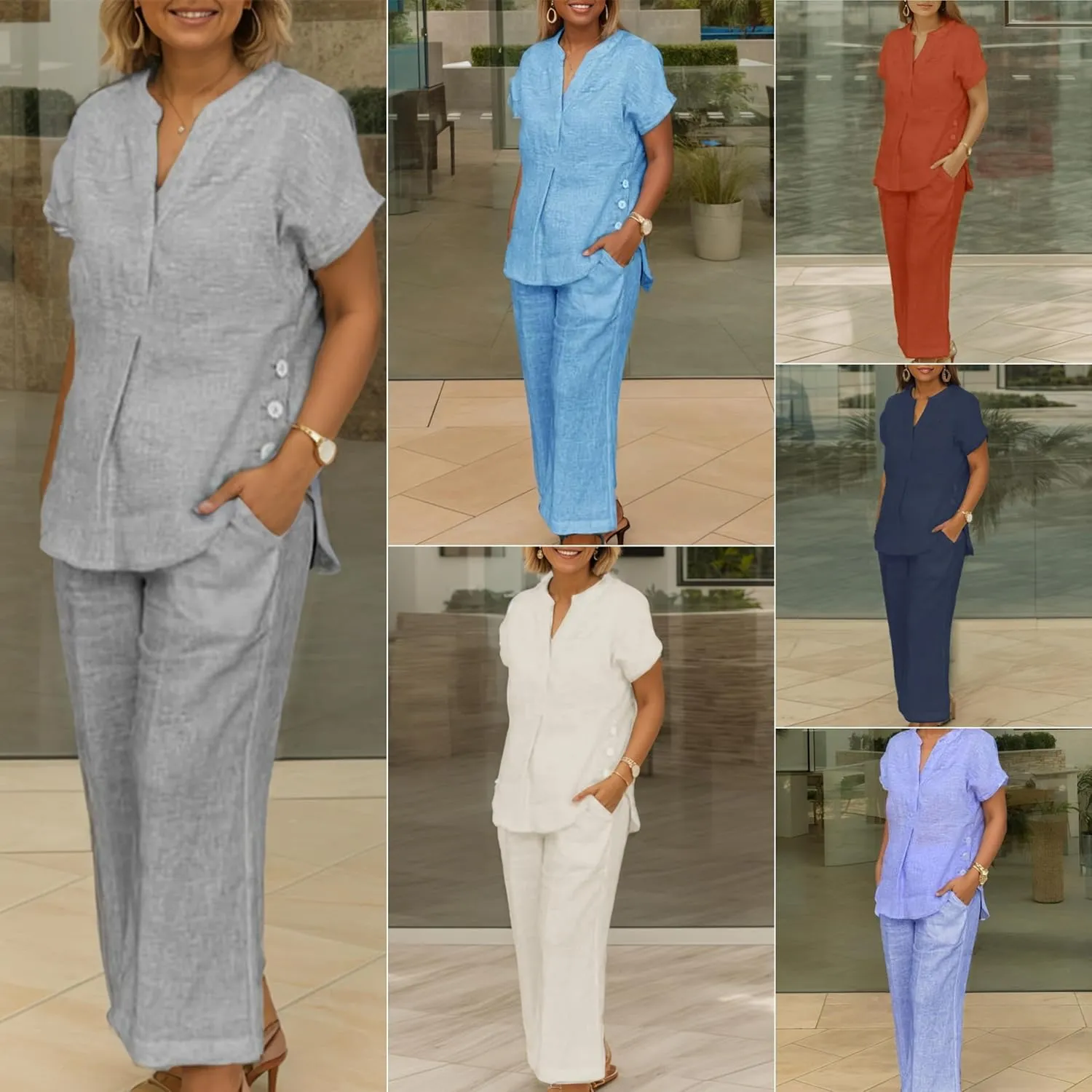 Two Piece Sets for Women Short Sleeve V Neck Tops Wide Leg Pants Linen Lounge Suits Summer Casual Dressy Linen Sets