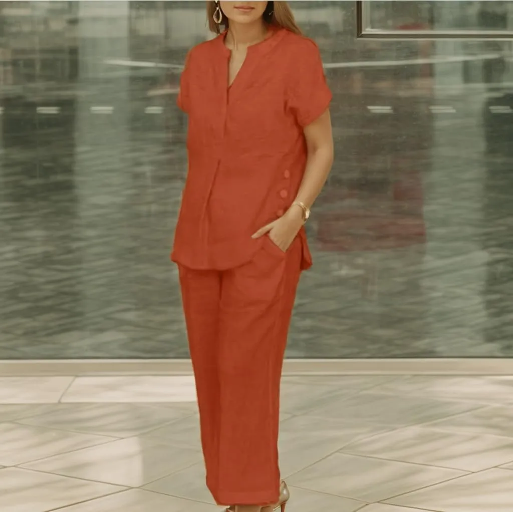 Two Piece Sets for Women Short Sleeve V Neck Tops Wide Leg Pants Linen Lounge Suits Summer Casual Dressy Linen Sets