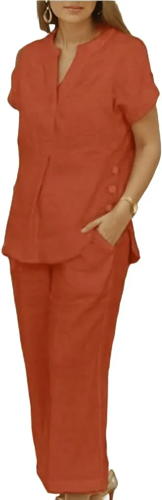 Two Piece Sets for Women Short Sleeve V Neck Tops Wide Leg Pants Linen Lounge Suits Summer Casual Dressy Linen Sets