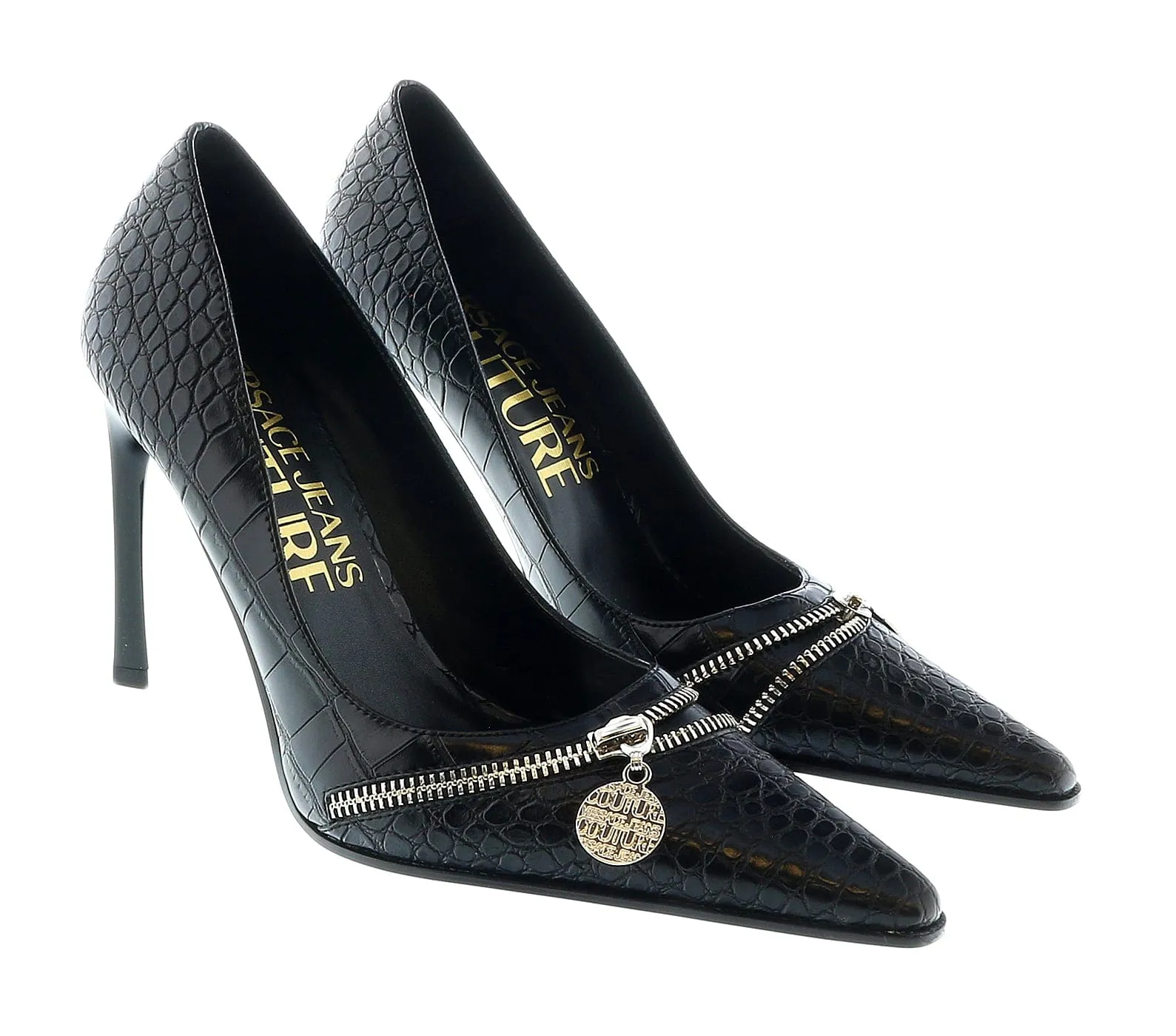 Versace Jeans Couture Pointed  Embossed Classic Black Pumps -