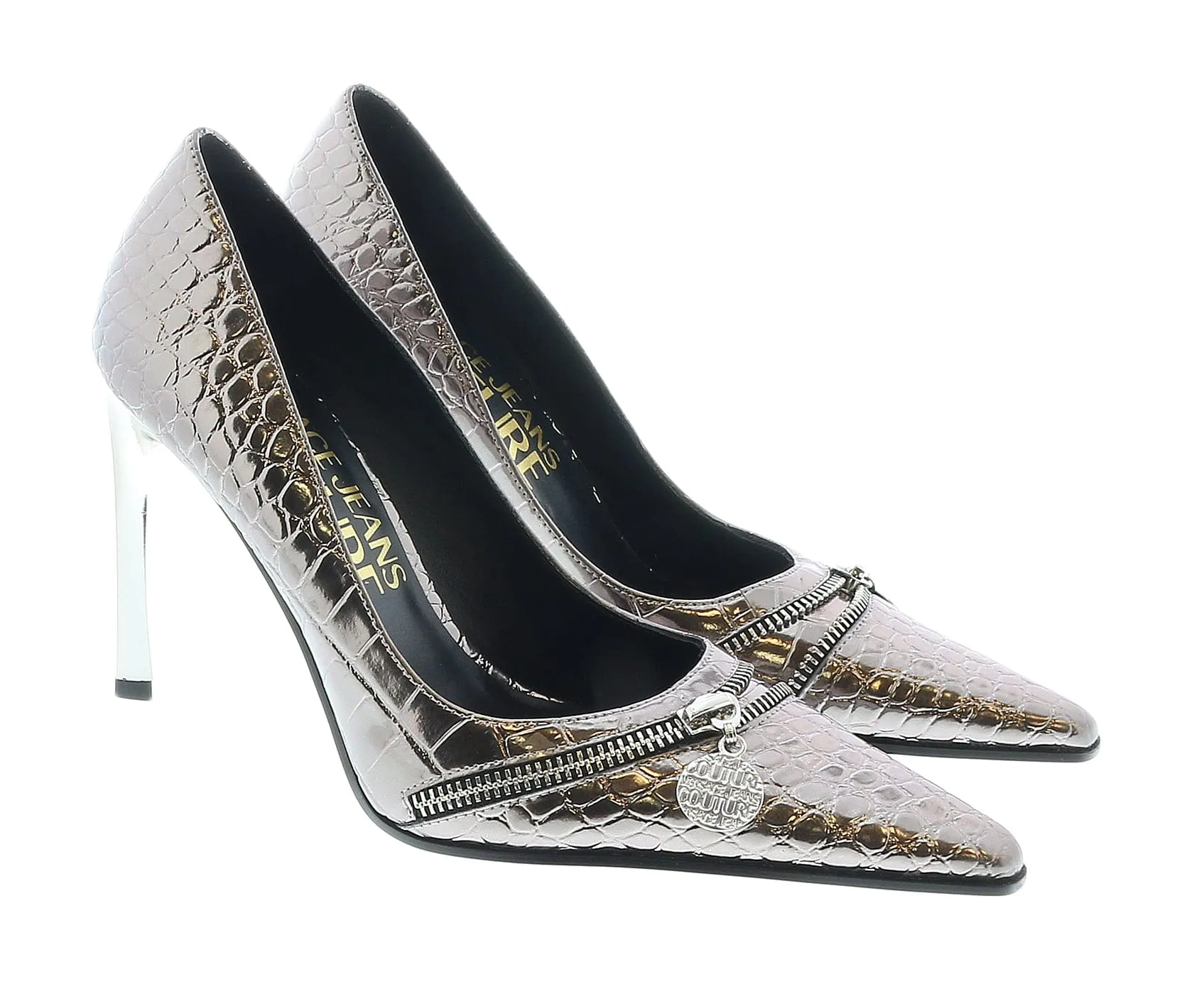 Versace Jeans Couture Pointed  Embossed Classic Gun Metal Pumps -