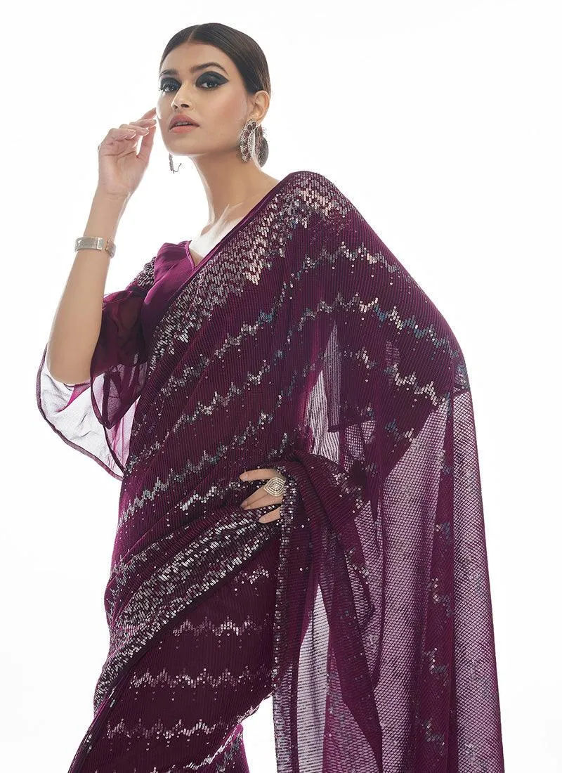 Wine Color Georgette Base Party Wear Saree