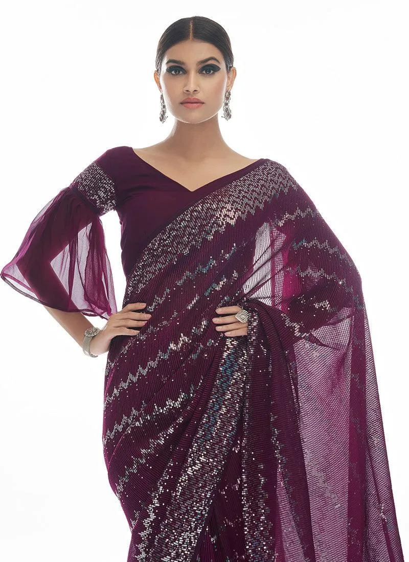 Wine Color Georgette Base Party Wear Saree