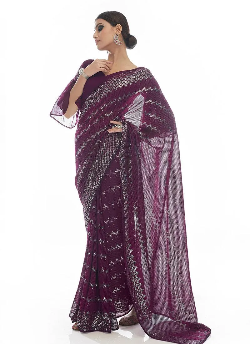 Wine Color Georgette Base Party Wear Saree