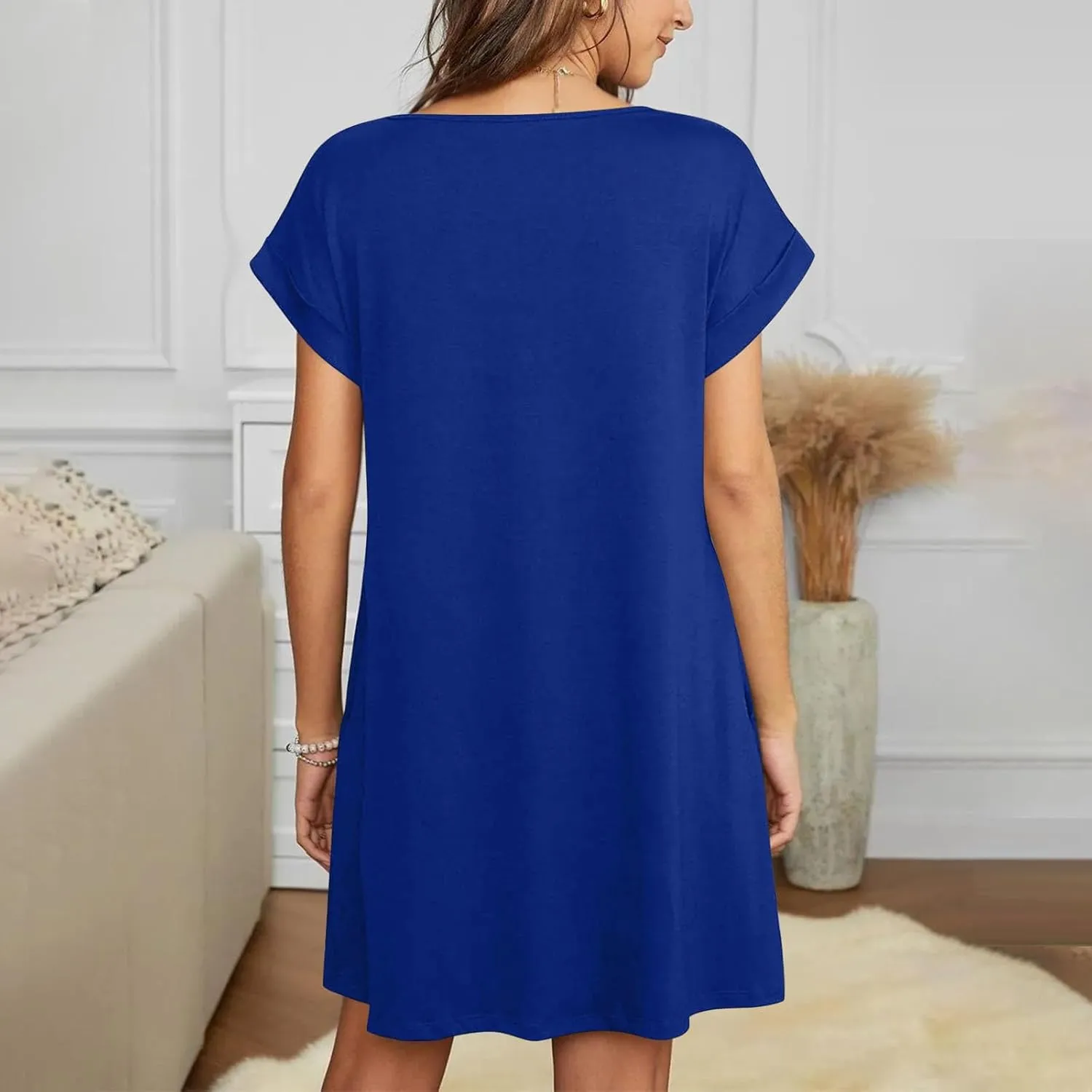 Women 2025 Summer Casual Mini Dresses V Neck Short Sleeve Solid Color Beach Shift Dress with Pockets