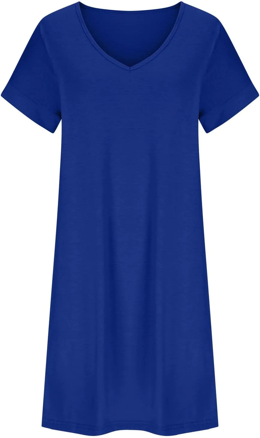 Women 2025 Summer Casual Mini Dresses V Neck Short Sleeve Solid Color Beach Shift Dress with Pockets