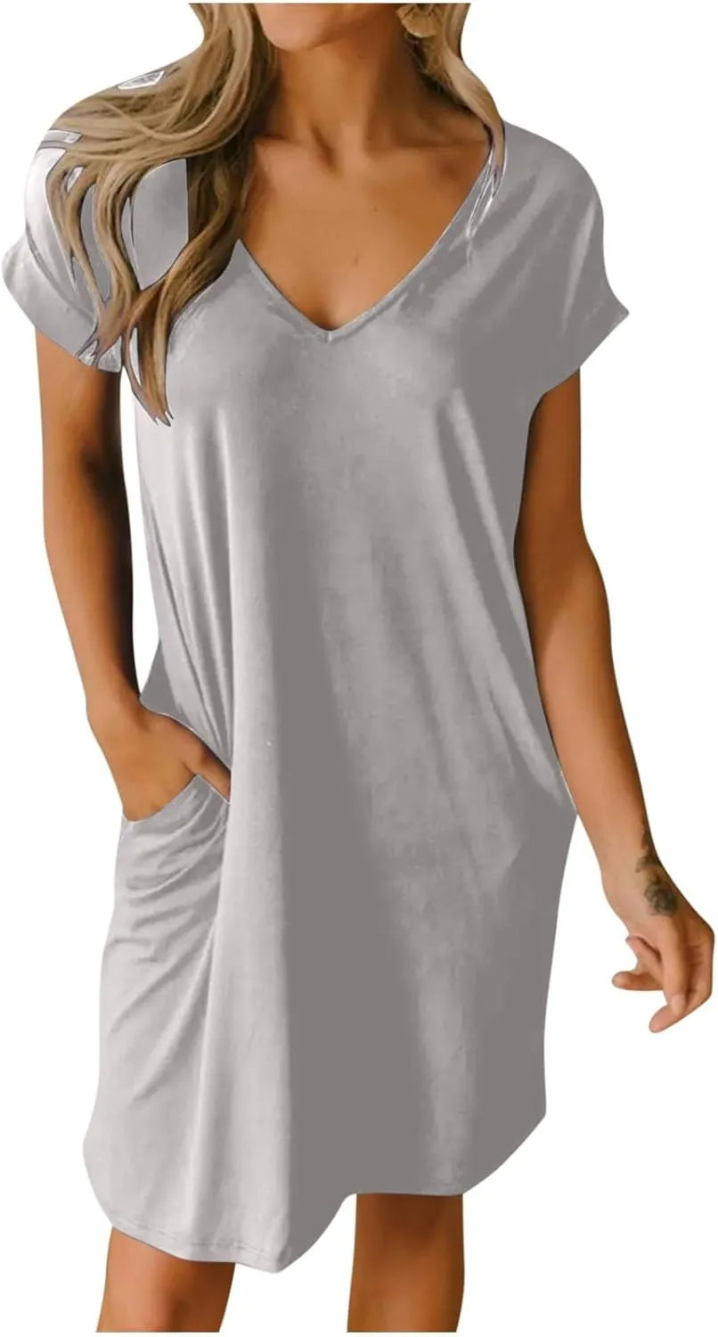 Women 2025 Summer Casual Mini Dresses V Neck Short Sleeve Solid Color Beach Shift Dress with Pockets