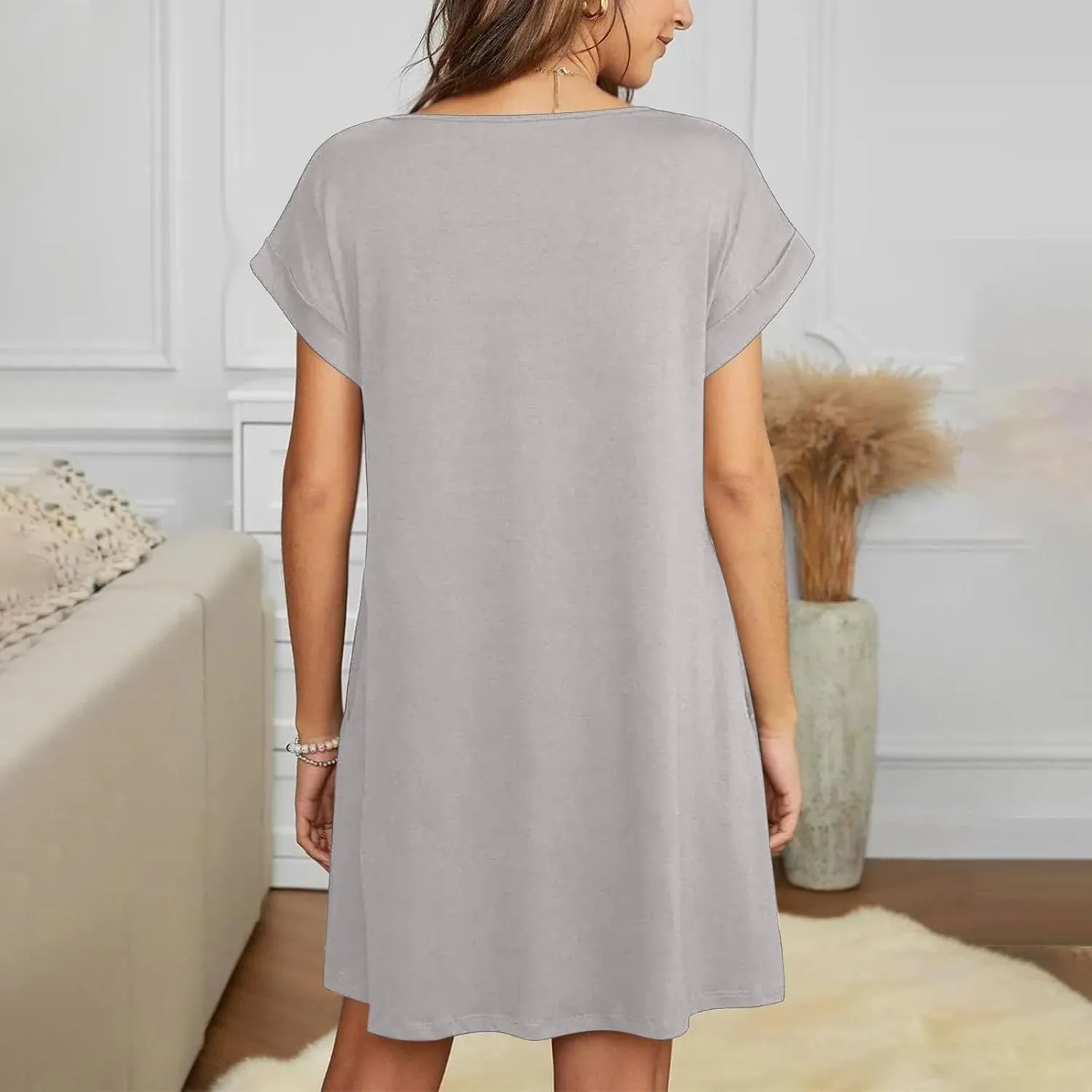 Women 2025 Summer Casual Mini Dresses V Neck Short Sleeve Solid Color Beach Shift Dress with Pockets