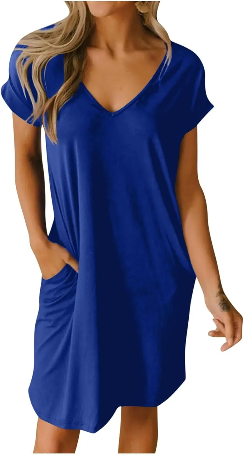 Women 2025 Summer Casual Mini Dresses V Neck Short Sleeve Solid Color Beach Shift Dress with Pockets
