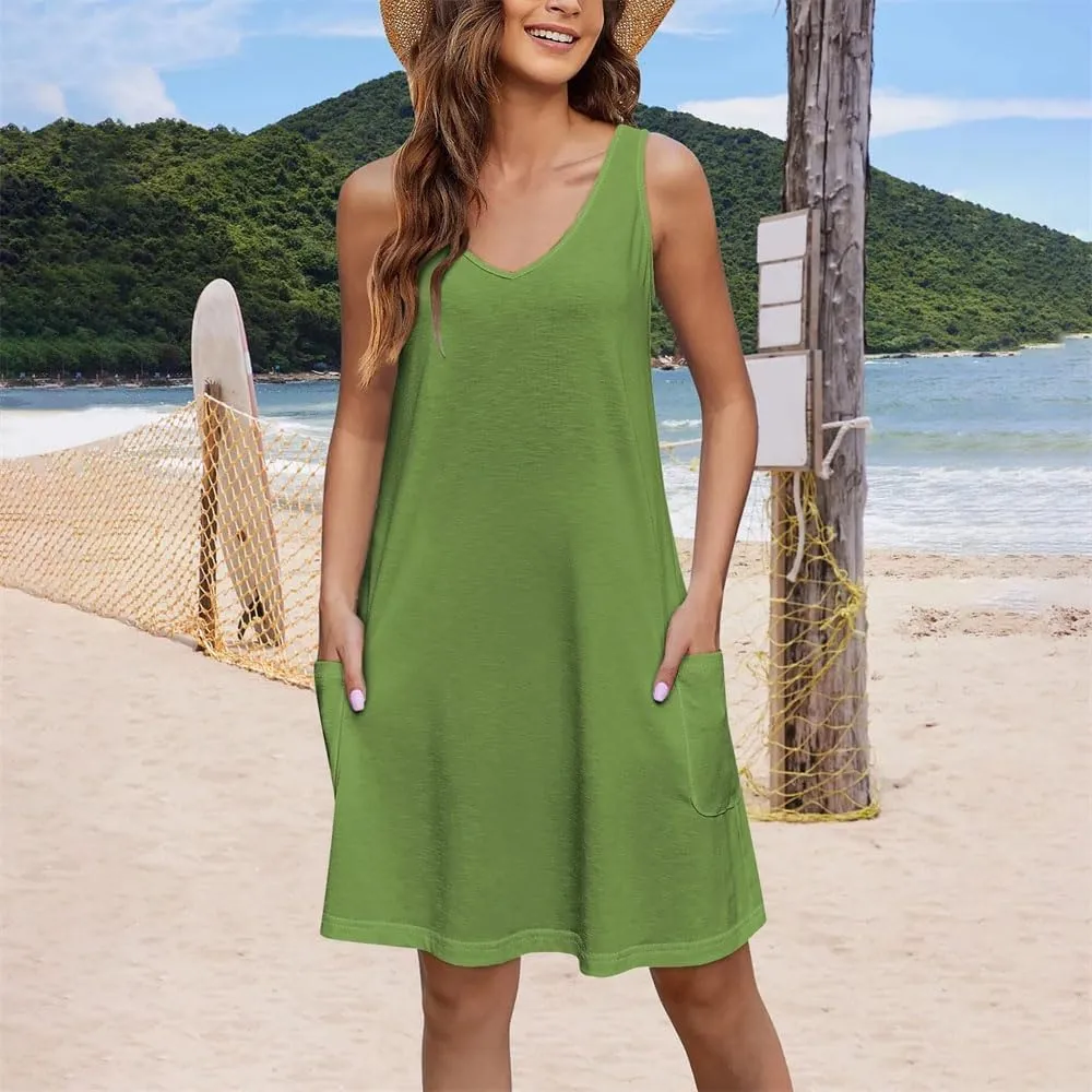 Women Casual Solid Tank Dress Summer V Neck Sleeveless Beach Dress Comfortable Casual Tank Dresses