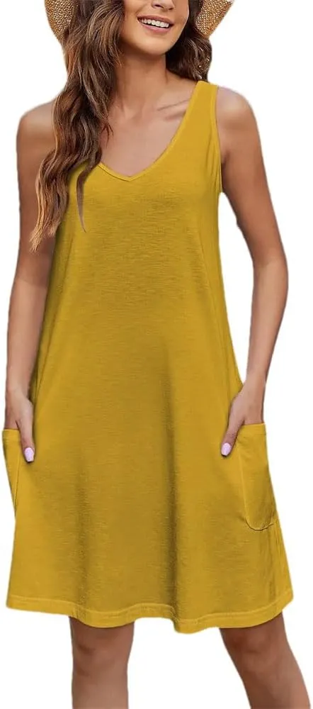 Women Casual Solid Tank Dress Summer V Neck Sleeveless Beach Dress Comfortable Casual Tank Dresses