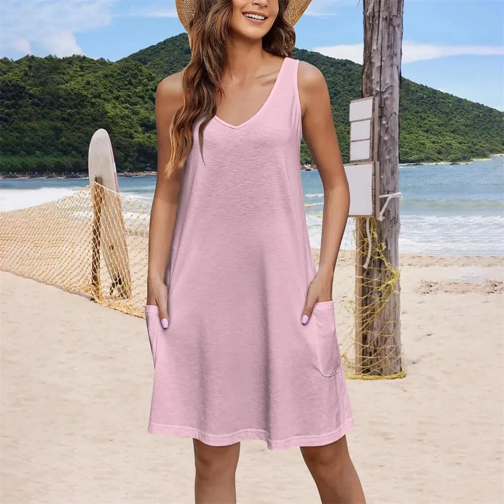 Women Casual Solid Tank Dress Summer V Neck Sleeveless Beach Dress Comfortable Casual Tank Dresses