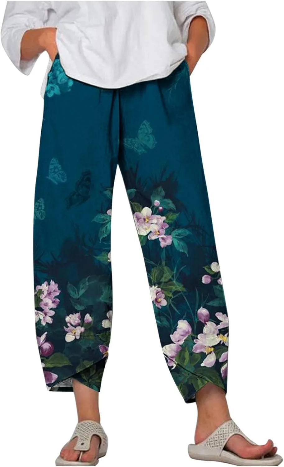 Women Linen Wide Leg Baggy Sweatpants Plus Size Breathable Exotic Trousers Amazing Travel Elastic Waist Beach Pants
