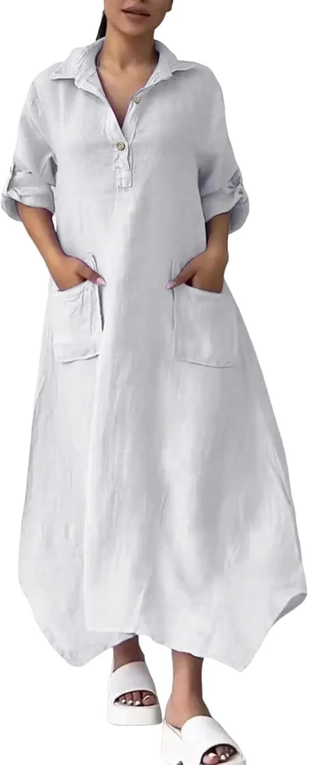 Women Solid Color Long Rolled Sleeve Dress Lapel Collar Button Casual Maxi Dress Loose Fit Basic Dresses with Pockets