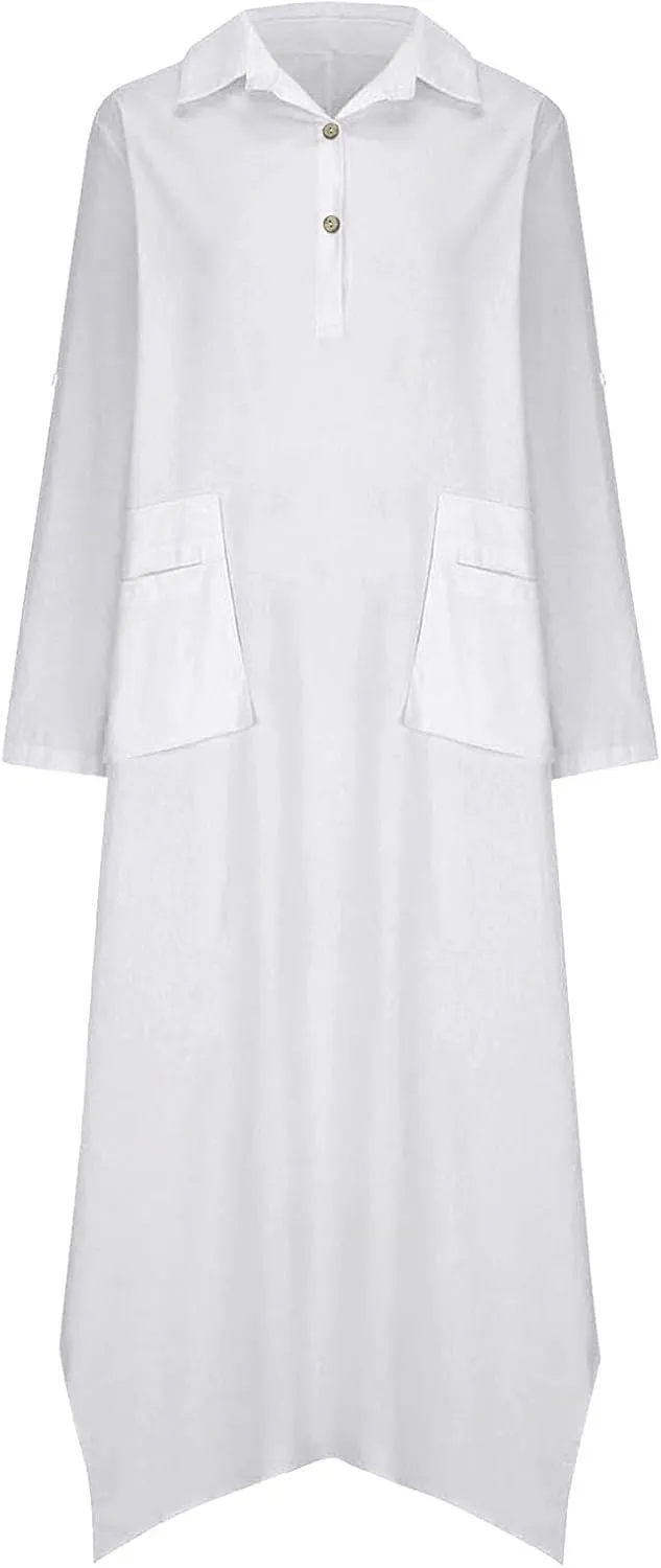 Women Solid Color Long Rolled Sleeve Dress Lapel Collar Button Casual Maxi Dress Loose Fit Basic Dresses with Pockets