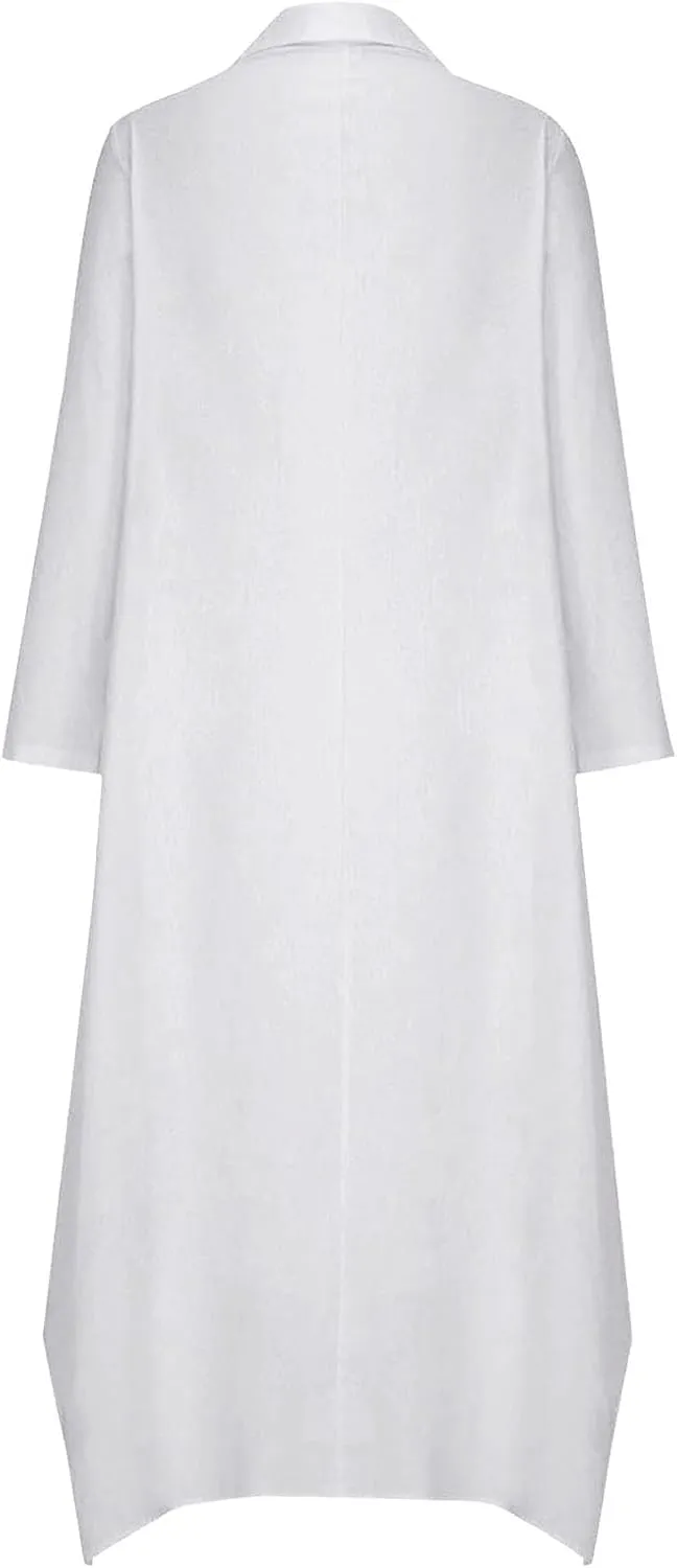 Women Solid Color Long Rolled Sleeve Dress Lapel Collar Button Casual Maxi Dress Loose Fit Basic Dresses with Pockets