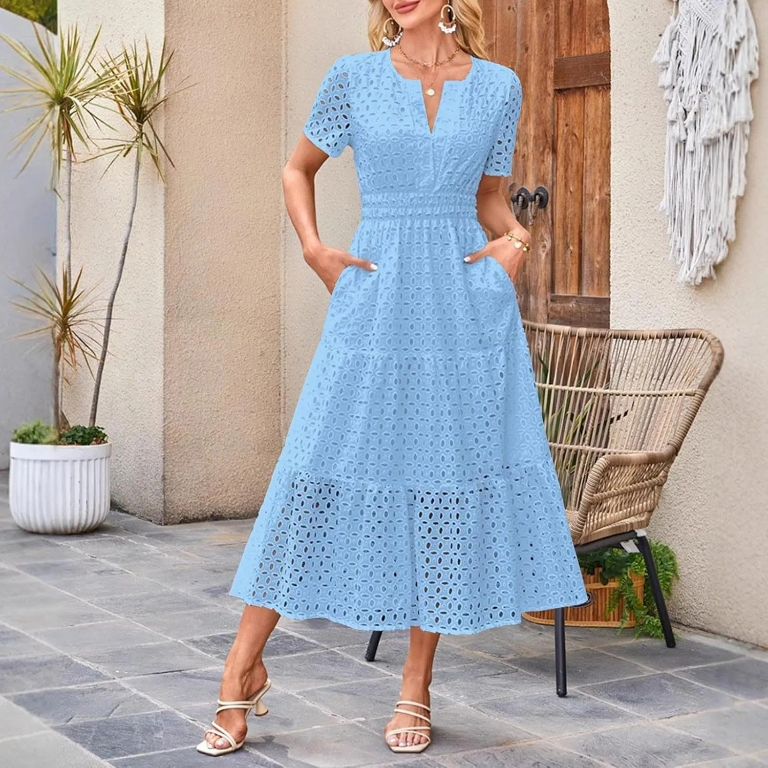 Women Summer Boho Maxi Dresses Eyelet Hollow Out Lace V Neck Short Sleeve Wrap Ankle Length Dress 2025 Beach Outfit