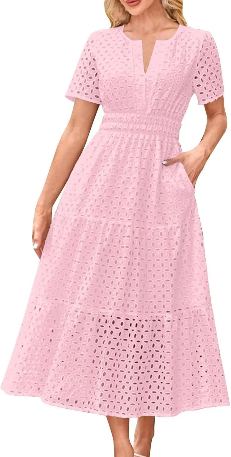 Women Summer Boho Maxi Dresses Eyelet Hollow Out Lace V Neck Short Sleeve Wrap Ankle Length Dress 2025 Beach Outfit