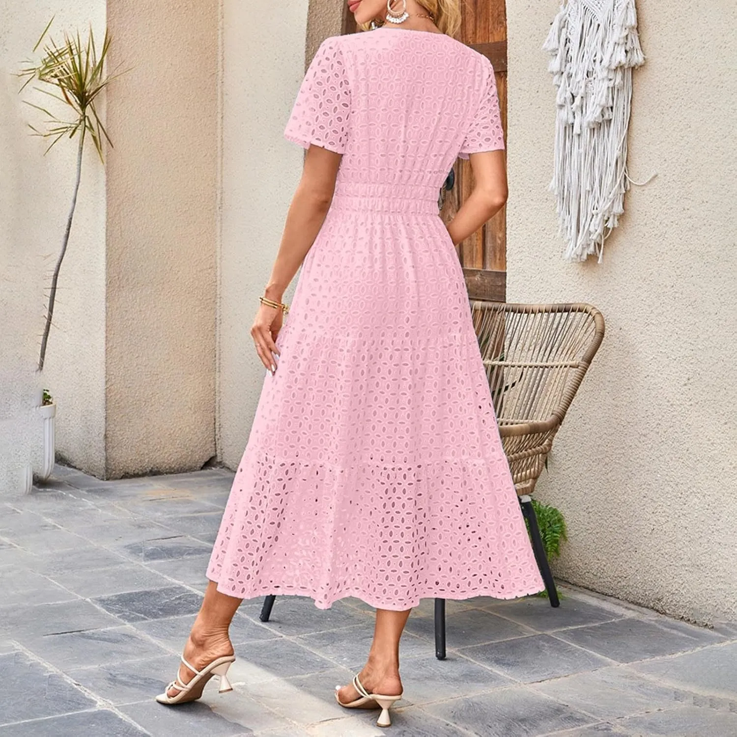 Women Summer Boho Maxi Dresses Eyelet Hollow Out Lace V Neck Short Sleeve Wrap Ankle Length Dress 2025 Beach Outfit