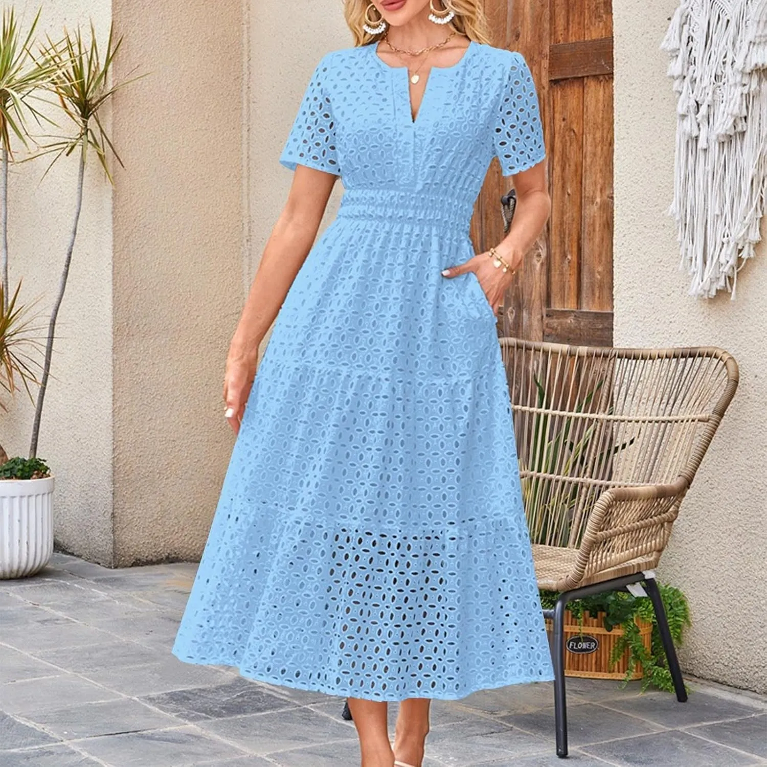 Women Summer Boho Maxi Dresses Eyelet Hollow Out Lace V Neck Short Sleeve Wrap Ankle Length Dress 2025 Beach Outfit