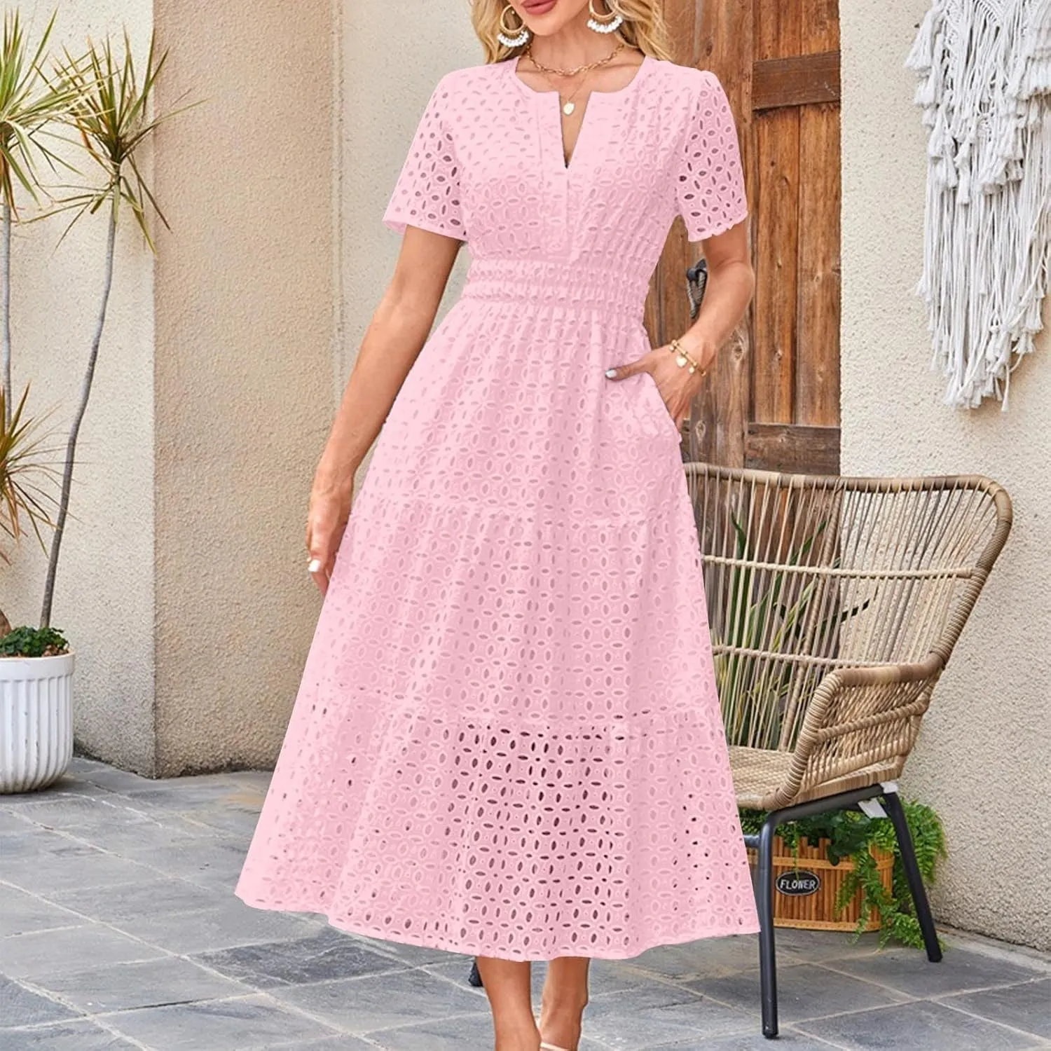 Women Summer Boho Maxi Dresses Eyelet Hollow Out Lace V Neck Short Sleeve Wrap Ankle Length Dress 2025 Beach Outfit