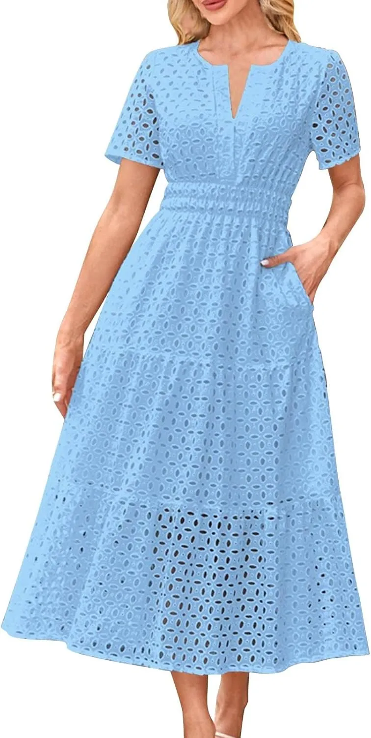Women Summer Boho Maxi Dresses Eyelet Hollow Out Lace V Neck Short Sleeve Wrap Ankle Length Dress 2025 Beach Outfit
