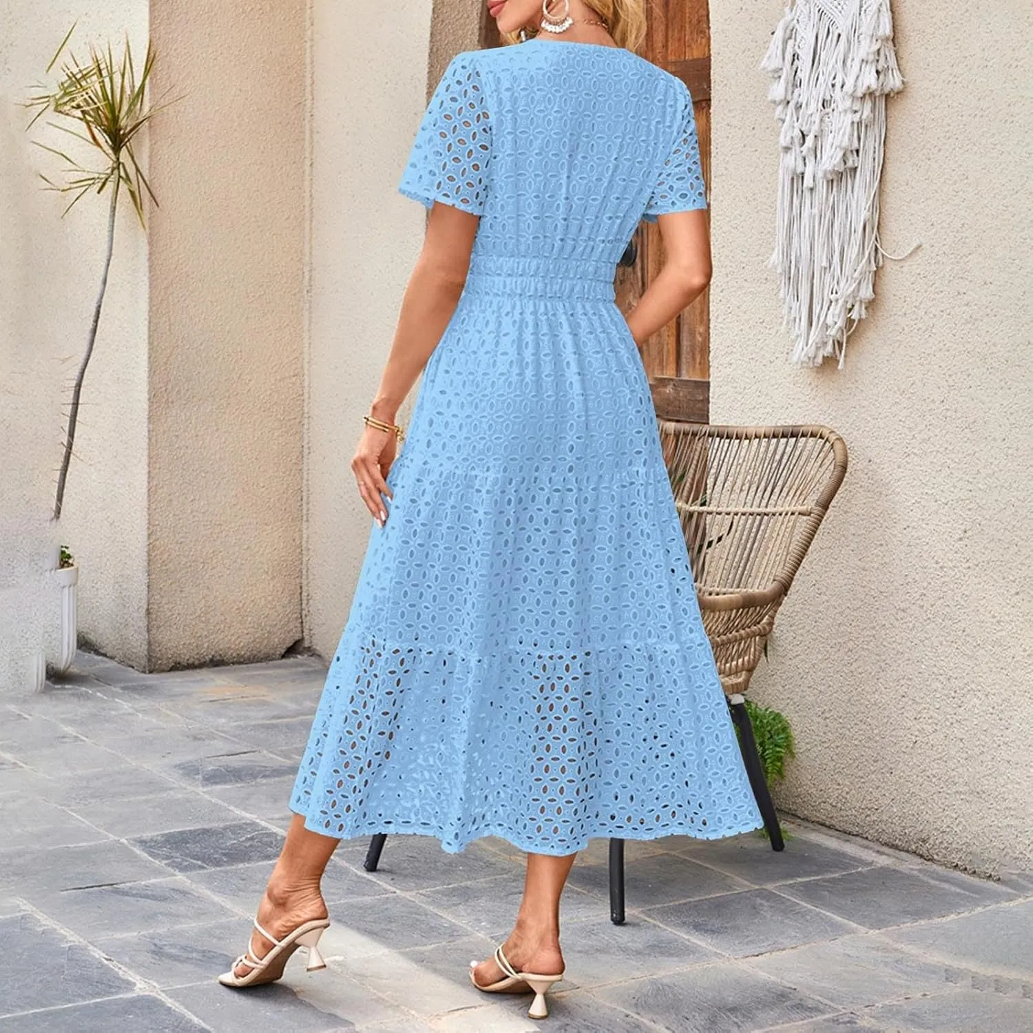 Women Summer Boho Maxi Dresses Eyelet Hollow Out Lace V Neck Short Sleeve Wrap Ankle Length Dress 2025 Beach Outfit