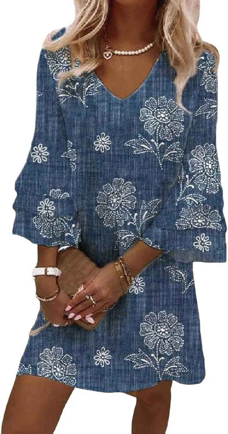 Women Summer Chic Blue Floral Mini Dress Boho V-Neck 3/4 Bell Sleeve Shift Dress Casual Versatile Beach Sundress