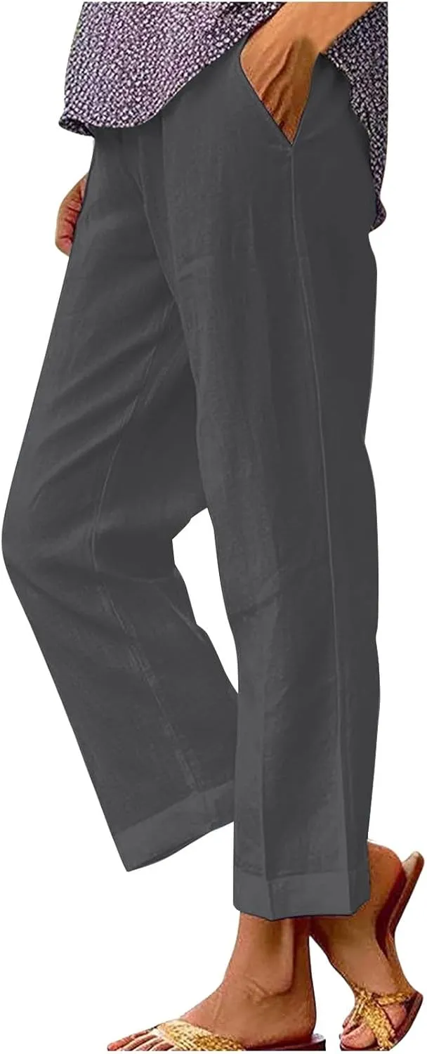 Women Summer Linen Pants Straight Leg Beach Vacation Comfy Baggy Trousers Dressy Palazzo Lounge Pants with Pockets