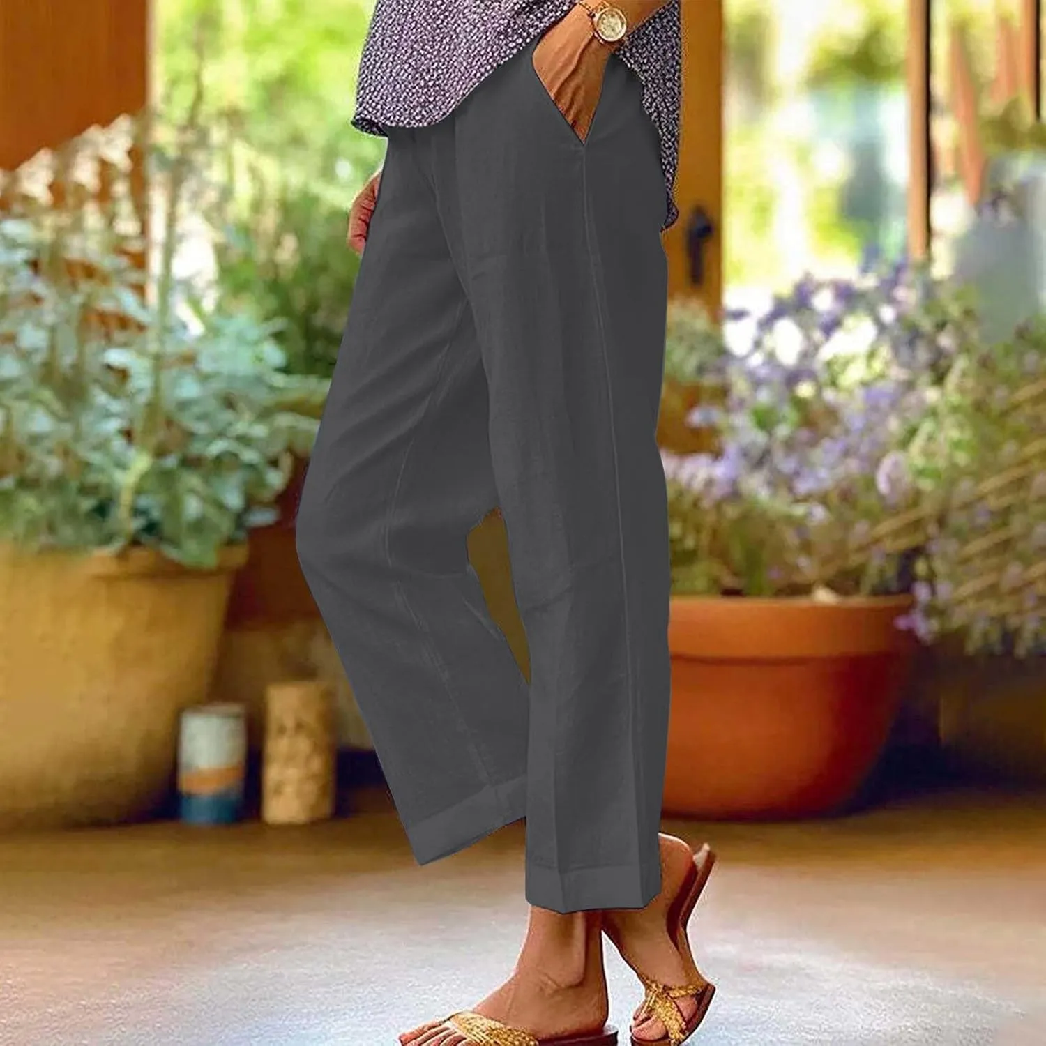 Women Summer Linen Pants Straight Leg Beach Vacation Comfy Baggy Trousers Dressy Palazzo Lounge Pants with Pockets