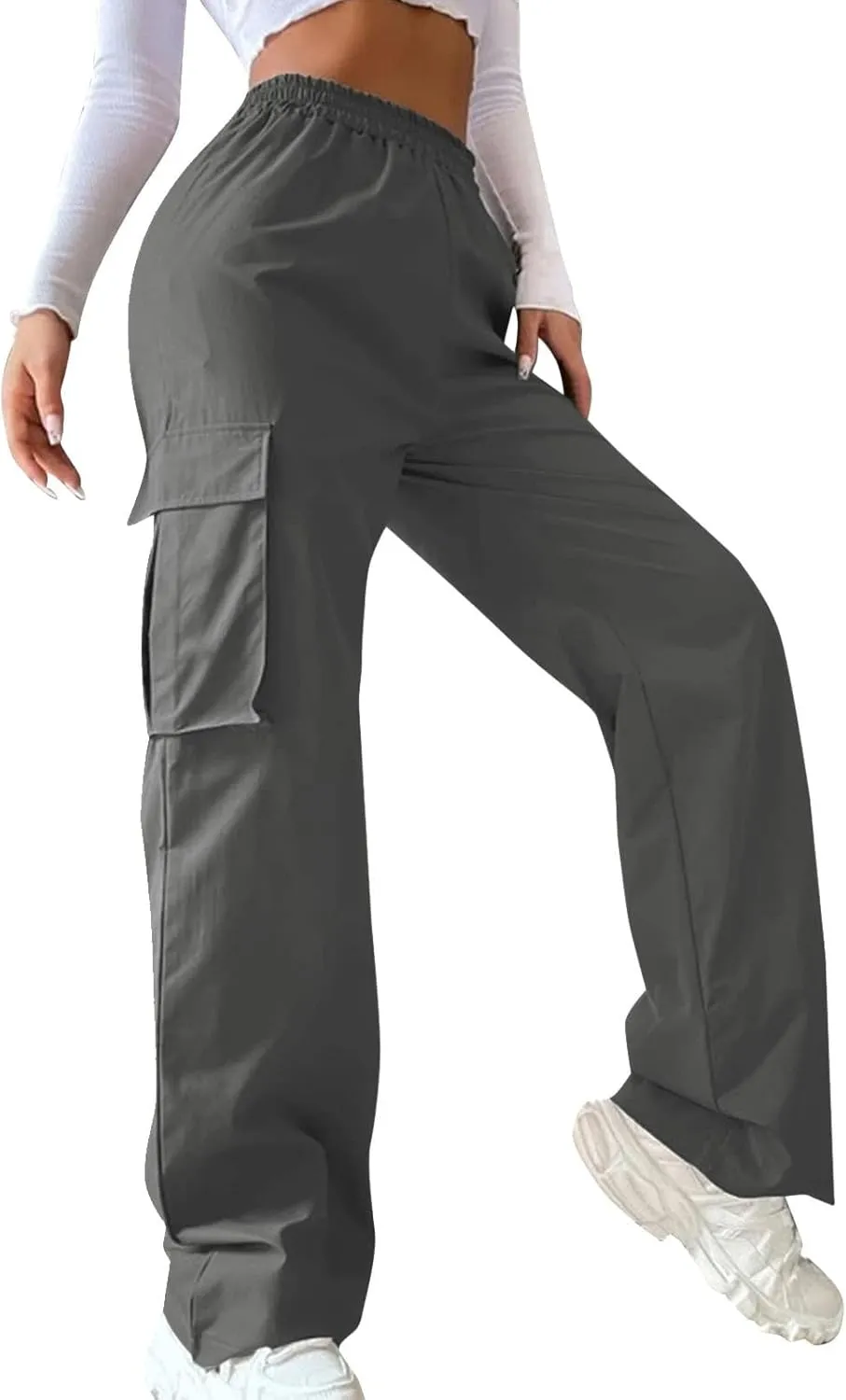 Women's Belt Less High Elastic Waisted Straight Leg Relaxed Style Trousers Slim Fit Fashion and Cool Streetwear