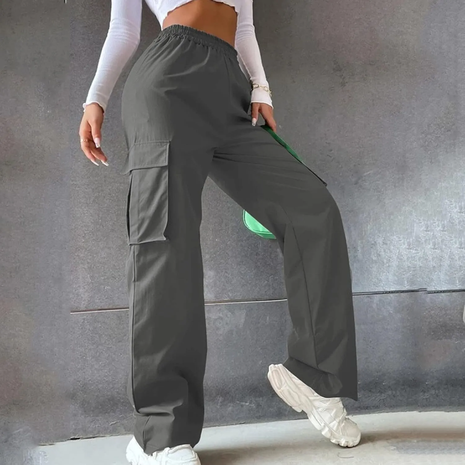 Women's Belt Less High Elastic Waisted Straight Leg Relaxed Style Trousers Slim Fit Fashion and Cool Streetwear