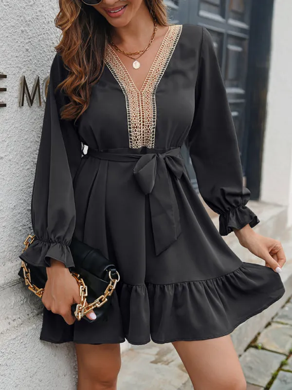 Women’s Bohemian Style Lace V Neck Sundress With Waist Bow And Ruffled Hems